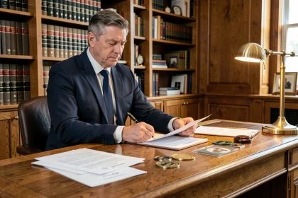 Notaire en costume marine analysant des documents immobiliers officiels dans un bureau classique avec bibliothèque juridique