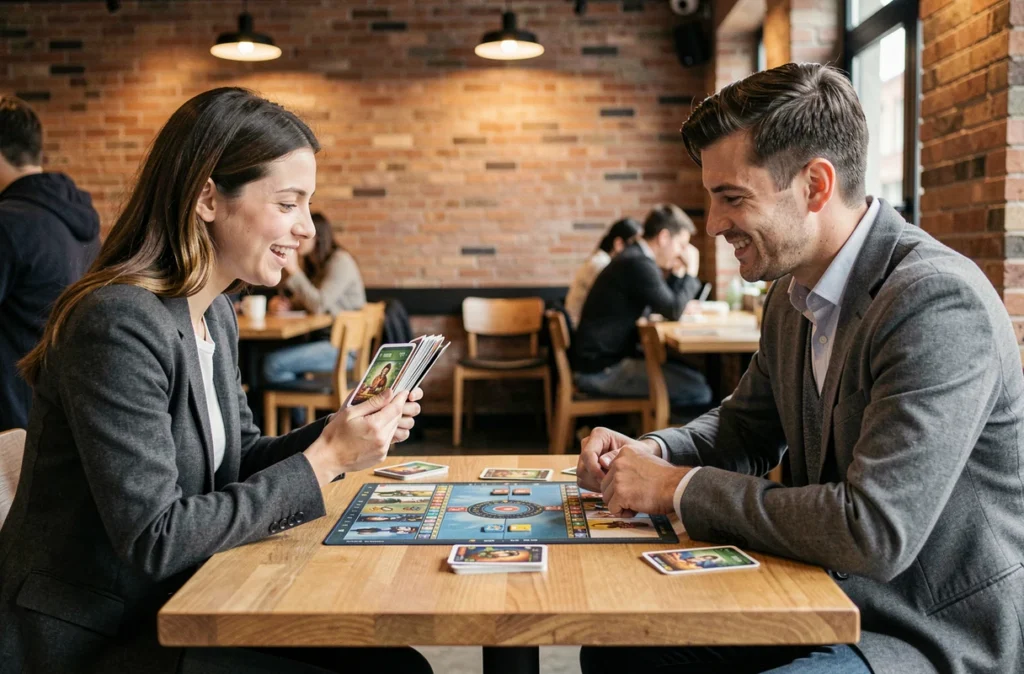 Deux joueurs adultes s'affrontent dans un café autour d'un jeu de cartes à collectionner Pokémon posé sur une table en bois