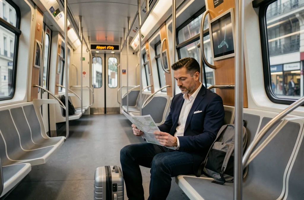 Passager consultant un plan du métro dans la rame automatique de la ligne 14 vers Roissy
