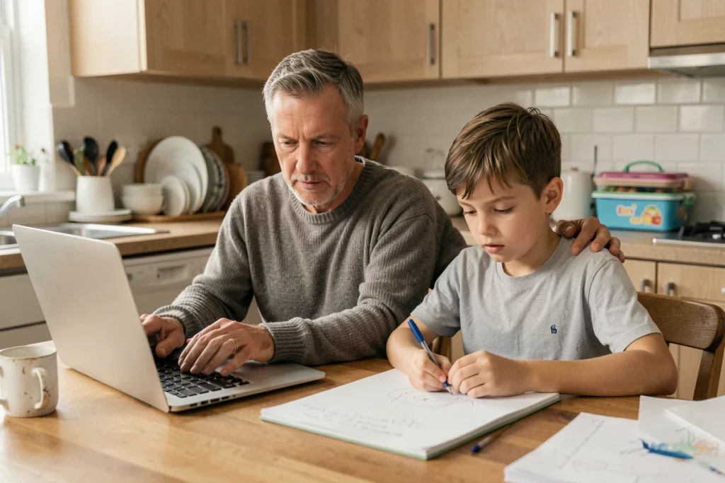 Père travaillant depuis la maison tout en aidant son fils à faire des activités scolaires pendant une grève des enseignants