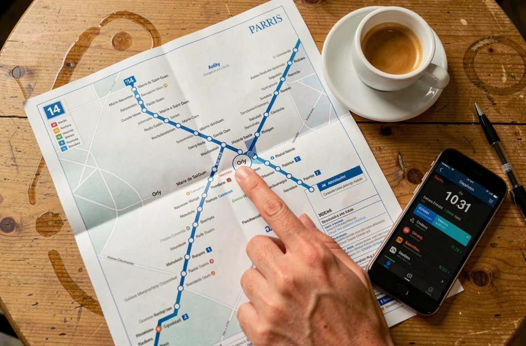 Plan du métro parisien ligne 14 posé sur une table de café montrant l'itinéraire vers Orly et Roissy