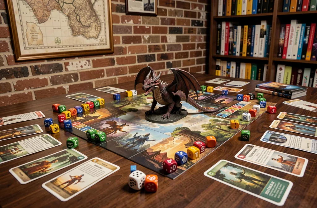 Plateau de jeu de rôle sur table avec figurine dragon et jetons de types élémentaires colorés