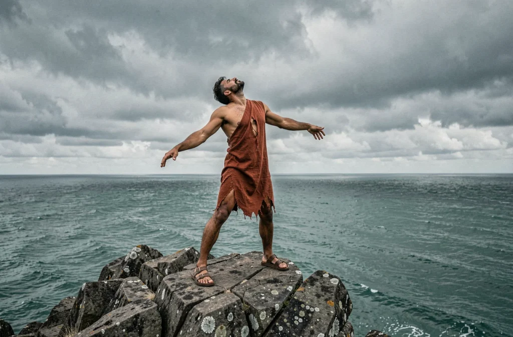 Artiste incarnant Prométhée enchaîné sur un rocher face à la mer, symbole de la punition divine et de l'hybris