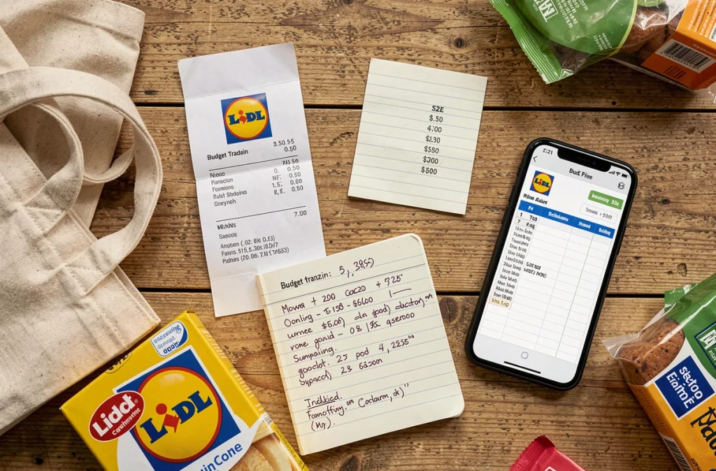 Reçu Lidl et comparaison de prix manuscrite sur une table de cuisine pour faire des économies