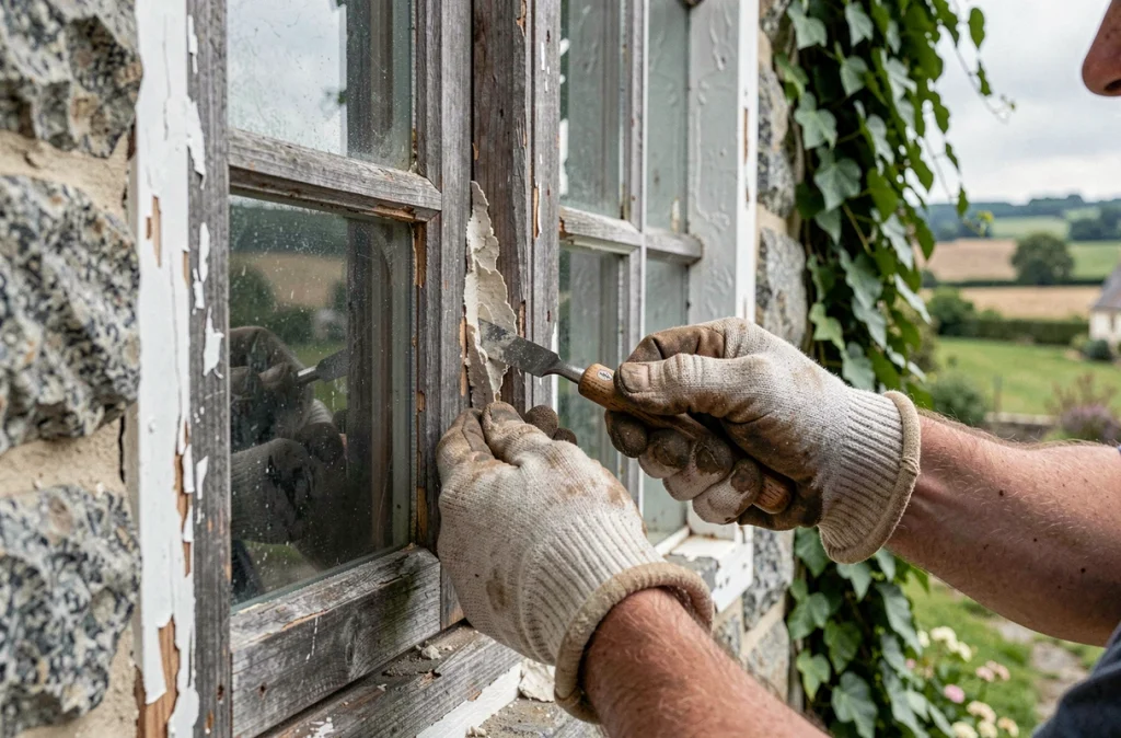 Artisan remplaçant un vieux cadre de fenêtre en bois sur la façade en pierre d'une maison ancienne