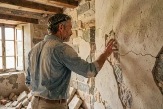 Artisan inspectant un mur en pierre fissuré dans une vieille maison en cours de rénovation