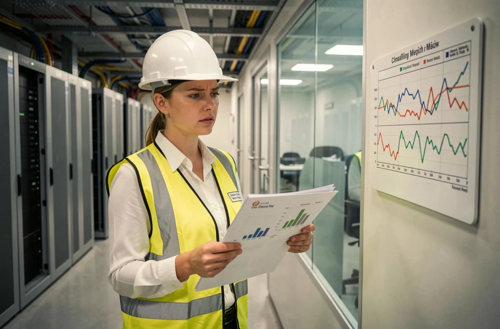 Responsable technique analysant une facture d'électricité anormalement élevée liée à un mauvais calibrage de disjoncteurs triphasés