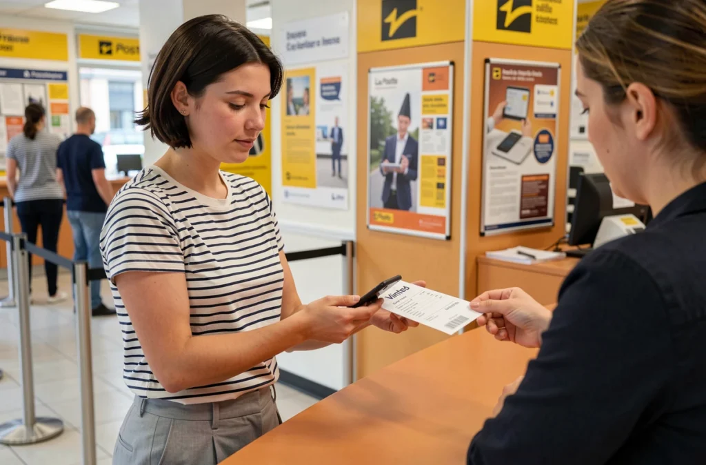 Jeune femme retirant un colis Vinted Go au guichet d'un bureau de poste