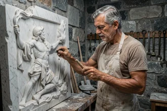 Sculpteur travaillant un bas-relief en marbre représentant le mythe de Prométhée volant le feu aux dieux