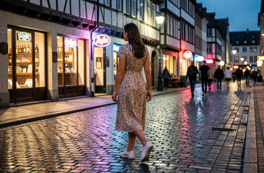 Femme se promenant à pied sur les pavés du centre-ville de Strasbourg pour rejoindre un bar danse le soir