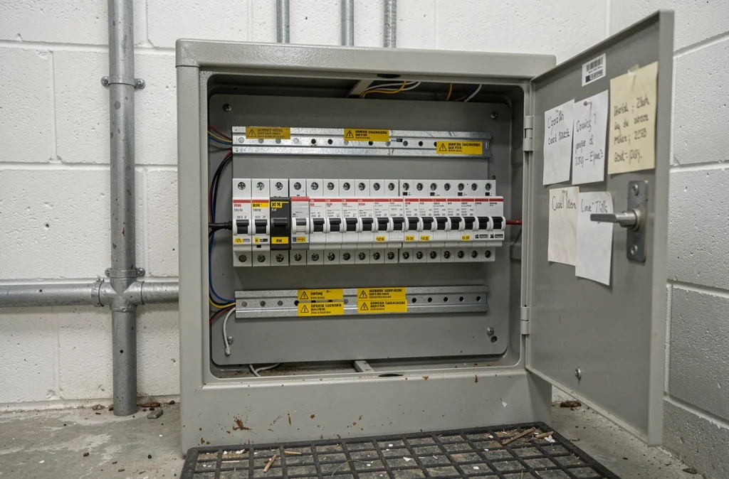 Tableau de disjoncteurs triphasés avec calibres incorrects et annotations de correction dans un local électrique commercial