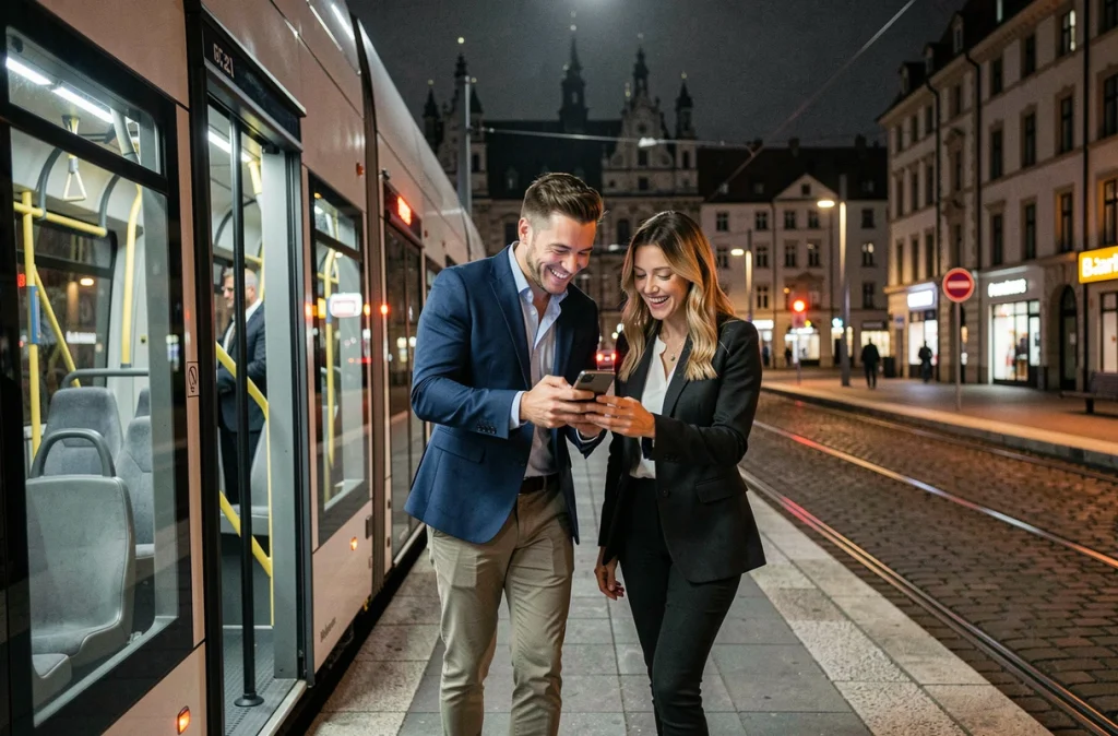 Couple descendant du tram à Strasbourg centre pour rejoindre un bar danse sans voiture