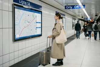 Voyageuse avec valise sur le quai de la ligne 14 du métro parisien en direction d'Orly