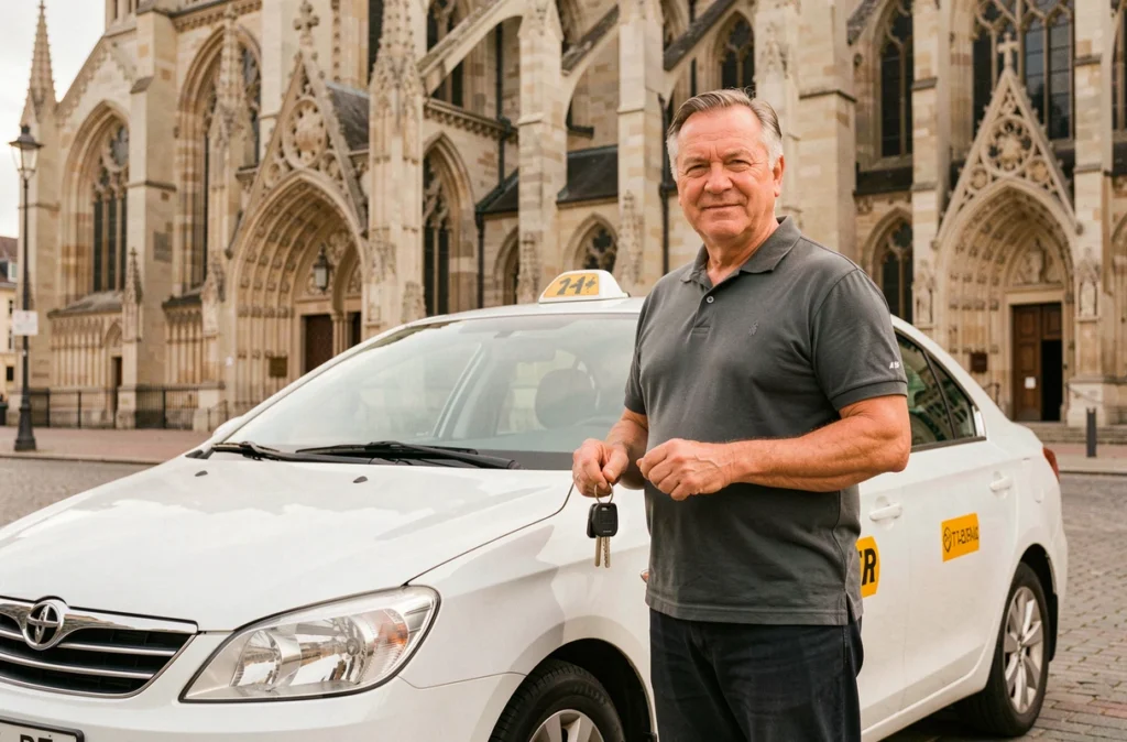 Chauffeur de taxi devant un véhicule blanc garé près de la cathédrale de Beauvais, illustrant le service Allo Taxi Beauvais