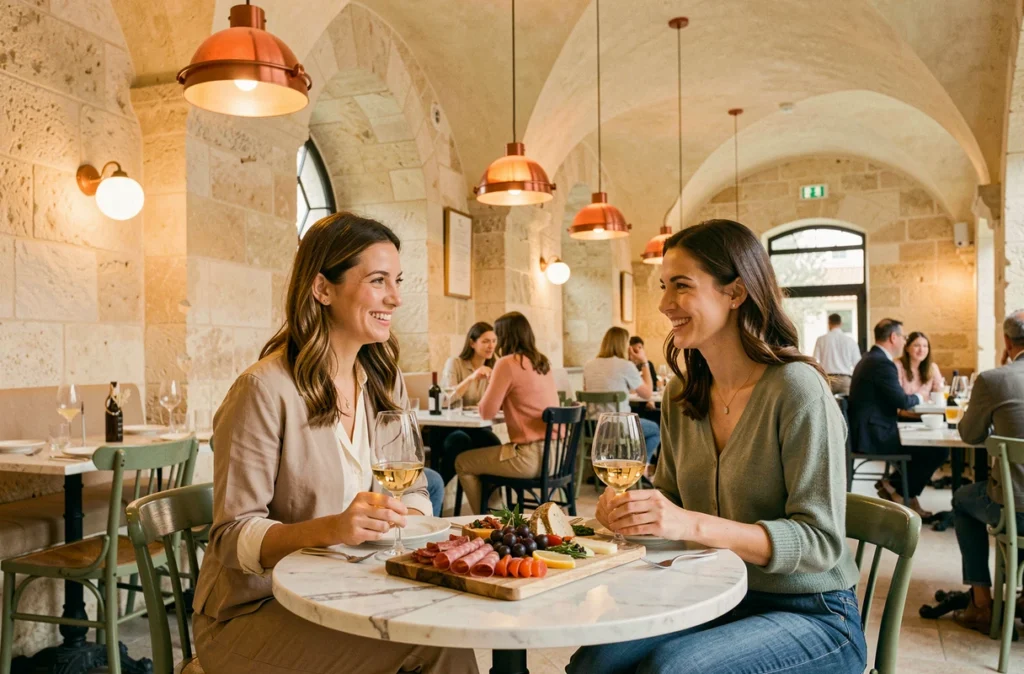 Deux amies savourant du vin naturel et une planche de charcuterie au BACK to BAC d'Aix-en-Provence sous des voûtes en pierre
