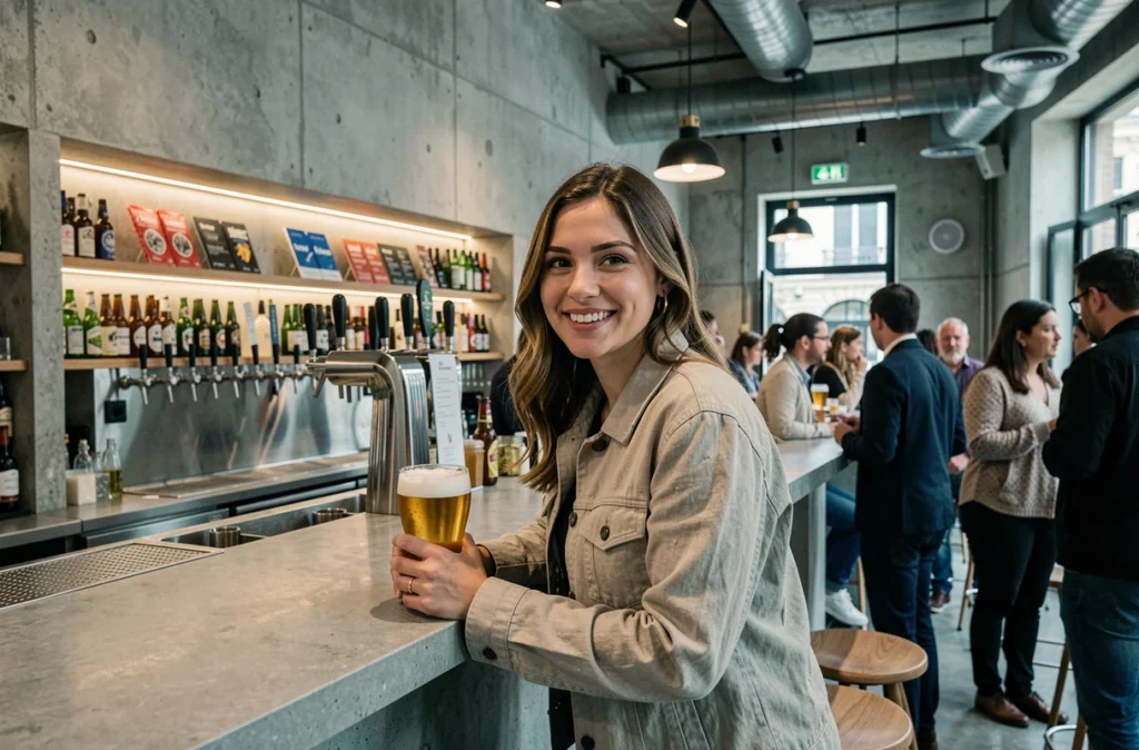 Cliente souriante au BACK to BAC de Marseille tenant une pinte devant un bar en béton brut avec tireuses à bière