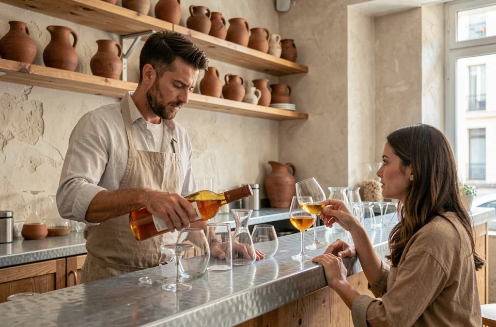Sommelier versant un vin nature en carafe au bar Barro à Marseille dans un cadre épuré aux murs en plâtre brut