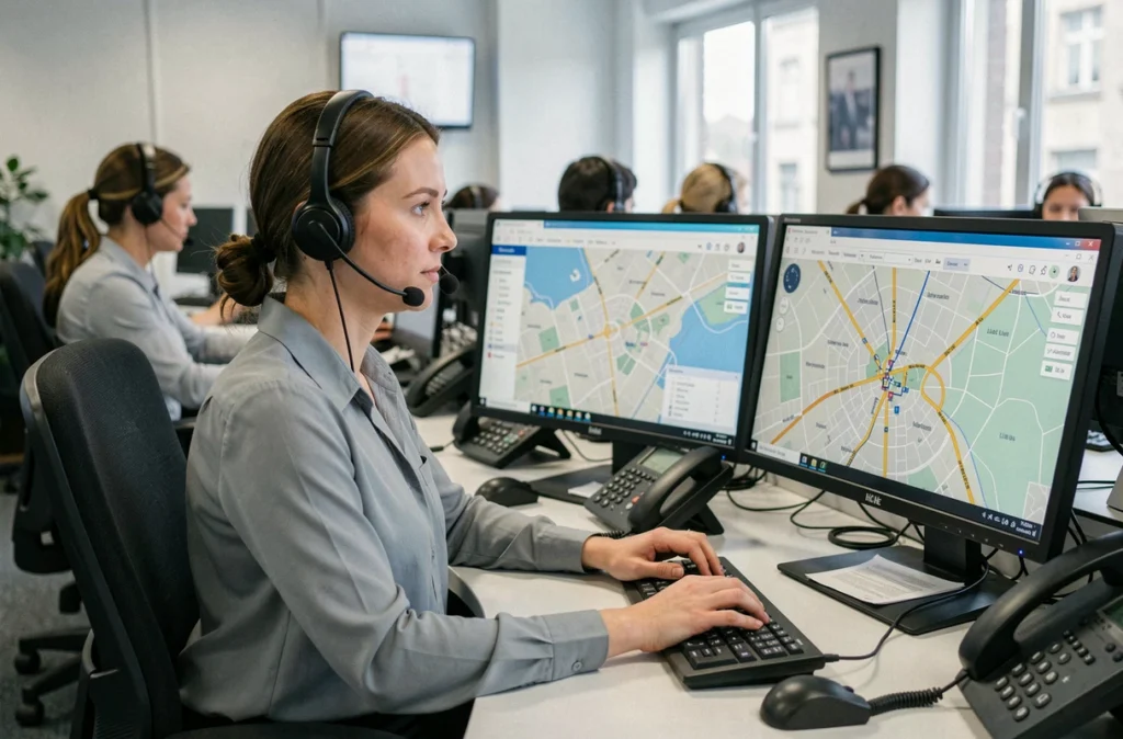 Opératrice de centrale taxi avec casque audio devant des écrans affichant une carte de Lille dans un centre de dispatch professionnel