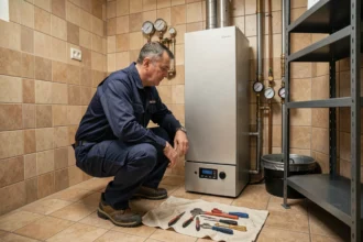 Chauffagiste professionnel inspectant une chaudière à gaz dans un appartement de Seine-Saint-Denis