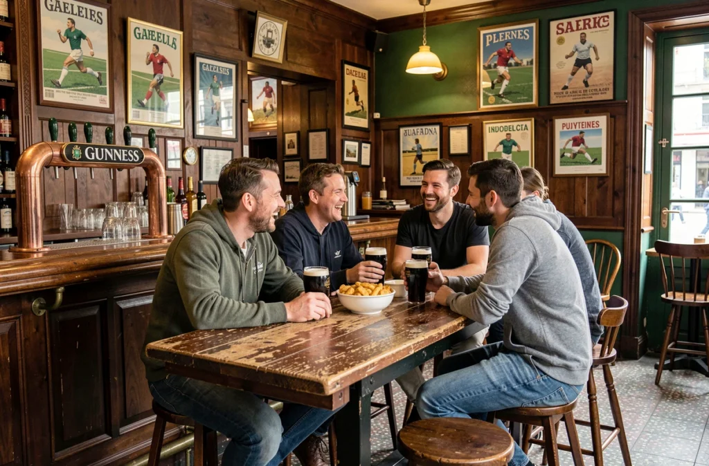 Groupe d'amis riant autour de pintes de stout au pub irlandais Connolly's Corner à Marseille dans un décor typique en bois sombre