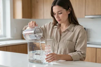 Femme versant de l'eau d'un litre gradué dans un récipient cubique transparent pour illustrer la conversion litre m3