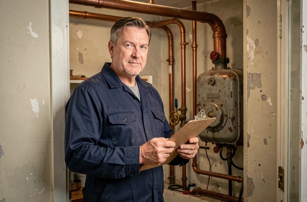 Technicien des Ets Lefort devant une installation de chauffage cuivre dans un immeuble résidentiel