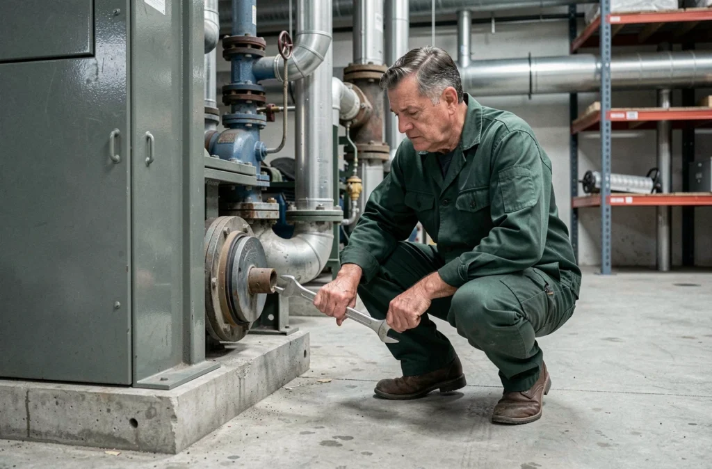 Technicien des Ets Negre SA intervenant sur une installation de chauffage commercial industriel