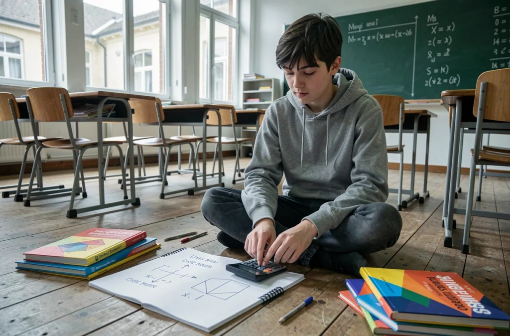Étudiant assis par terre en classe consultant un cahier avec un tableau de conversion litre en mètre cube et une calculatrice