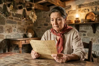 Femme italienne tenant des paroles manuscrites de Bella Ciao dans une ferme en pierre rustique