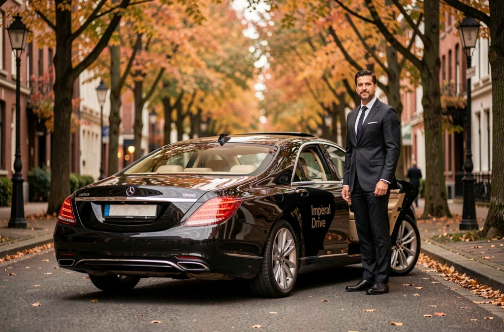 Voiture noire executive Imperial Drive avec chauffeur en costume sur une avenue arborée de Lille aux couleurs automnales, service de transport haut de gamme