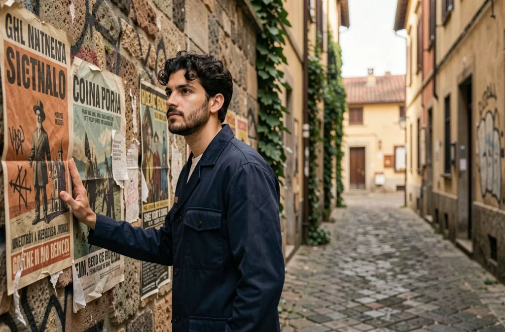 Jeune homme dans une ruelle italienne pavée évoquant l'atmosphère partisane de Bella Ciao