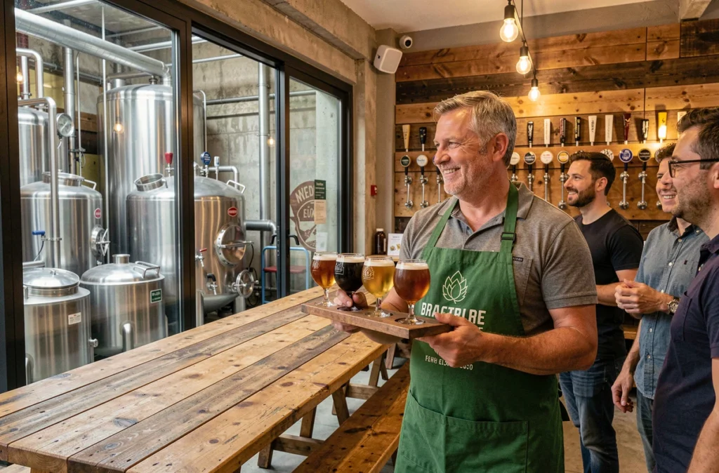 Brasseur présentant une dégustation de bières artisanales en flight au Keg and Can Brewpub à Marseille avec cuves de fermentation visibles en arrière-plan