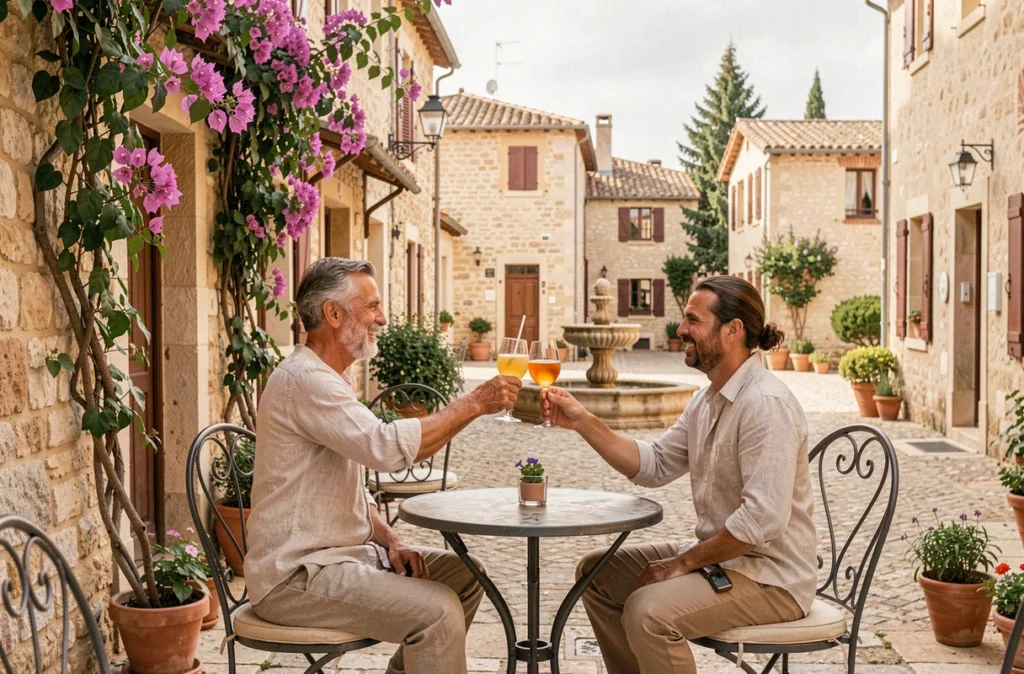 Couple trinquant en terrasse du REX à Saint-Rémy-de-Provence avec vue sur une placette provençale fleurie