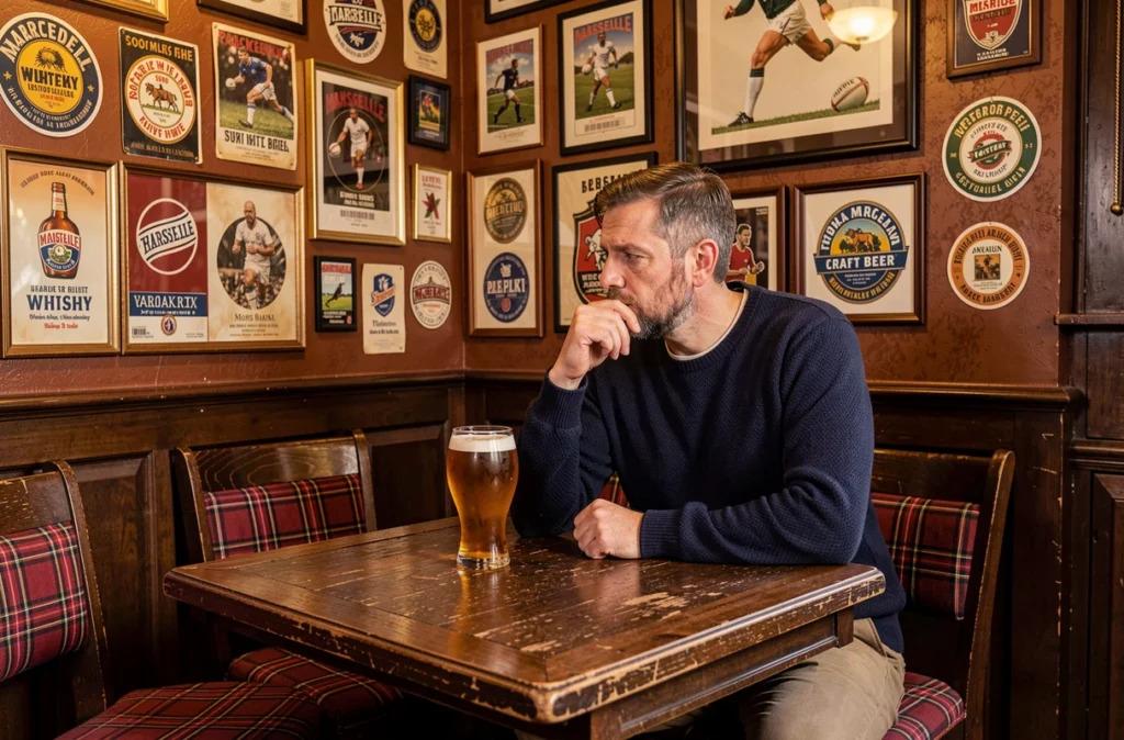 Client dégustant une bière ambrée aux Berthom à Marseille dans un décor de pub chaleureux orné de memorabilia brassicole