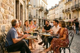 Terrasse animée d'un bar provençal dans les Bouches-du-Rhône avec des clients profitant de cocktails et de rosé