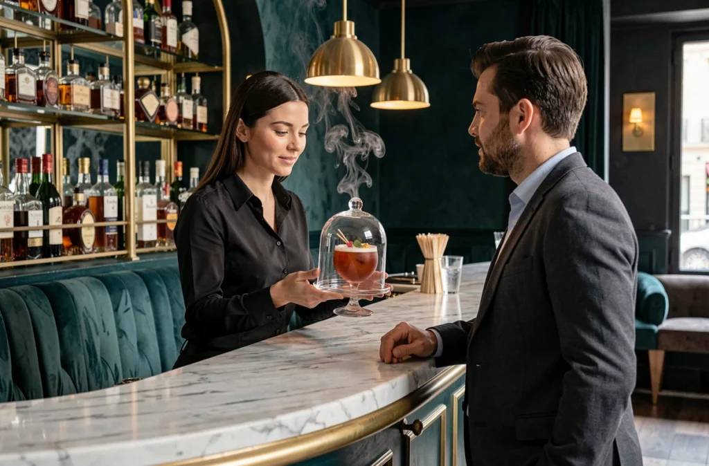Barman présentant un cocktail fumé sous cloche au bar Mesa à Marseille dans un décor élégant en velours teal et laiton brossé
