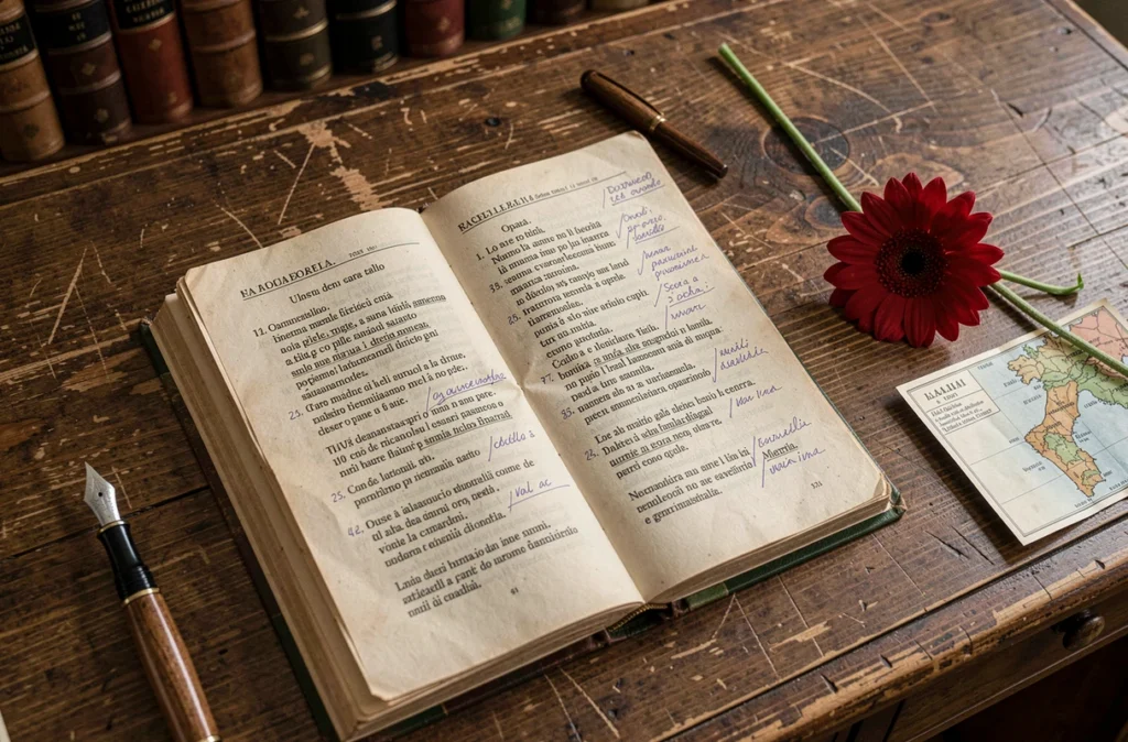 Livre de chansons italien avec paroles annotées de Bella Ciao et fleur rouge sur bureau vintage