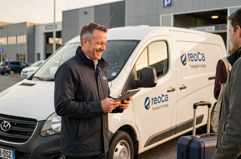 Chauffeur de taxi professionnel en veste sombre debout près d'un van blanc de transport, accueillant un passager avec des bagages devant un centre logistique dans le nord de la France