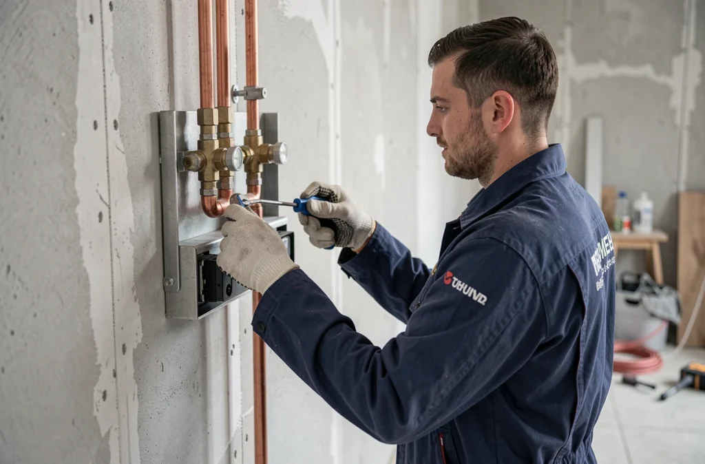 Technicien SG Rénovation installant un système de chauffage mural dans un intérieur rénové