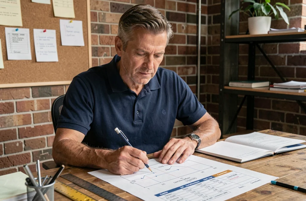 Homme consultant un tableau de conversion litre m3 à son bureau d'ingénieur avec des outils de mesure