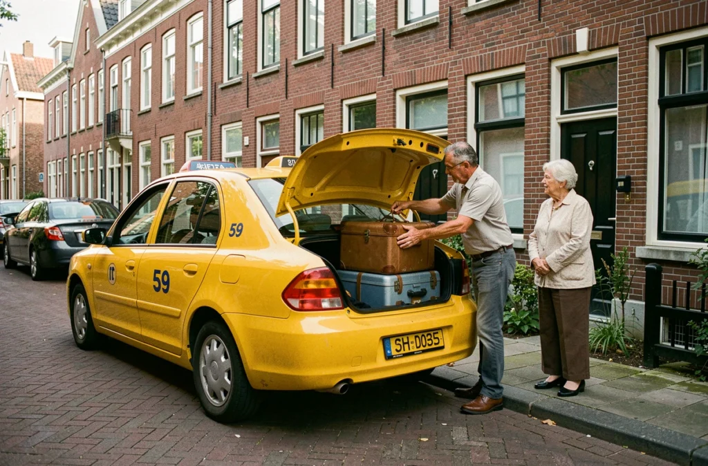 Taxi du département 59 garé dans une rue résidentielle de Lille avec ses maisons en briques rouges, chauffeur chargeant des bagages pour une passagère