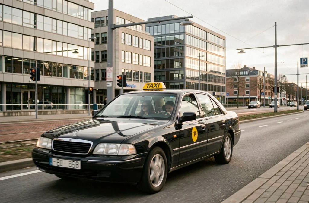 Taxi de la métropole lilloise roulant sur un boulevard urbain avec des bâtiments modernes et des rails de tramway en arrière-plan