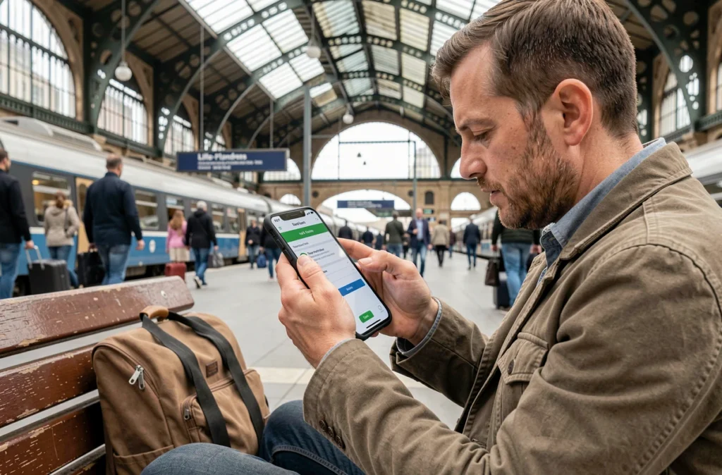 Passager utilisant un smartphone pour réserver un taxi à la gare de Lille-Flandres, avec l'architecture historique de la gare visible en arrière-plan
