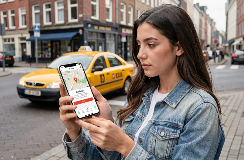 Jeune femme consultant une application de mise en relation taxi sur smartphone dans une rue de Lille, avec un taxi en approche visible en arrière-plan