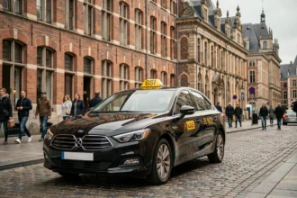 Vue large d'un taxi moderne garé dans une rue pavée de Lille avec l'architecture flamande en arrière-plan, illustrant les compagnies de taxi dans les Hauts-de-France