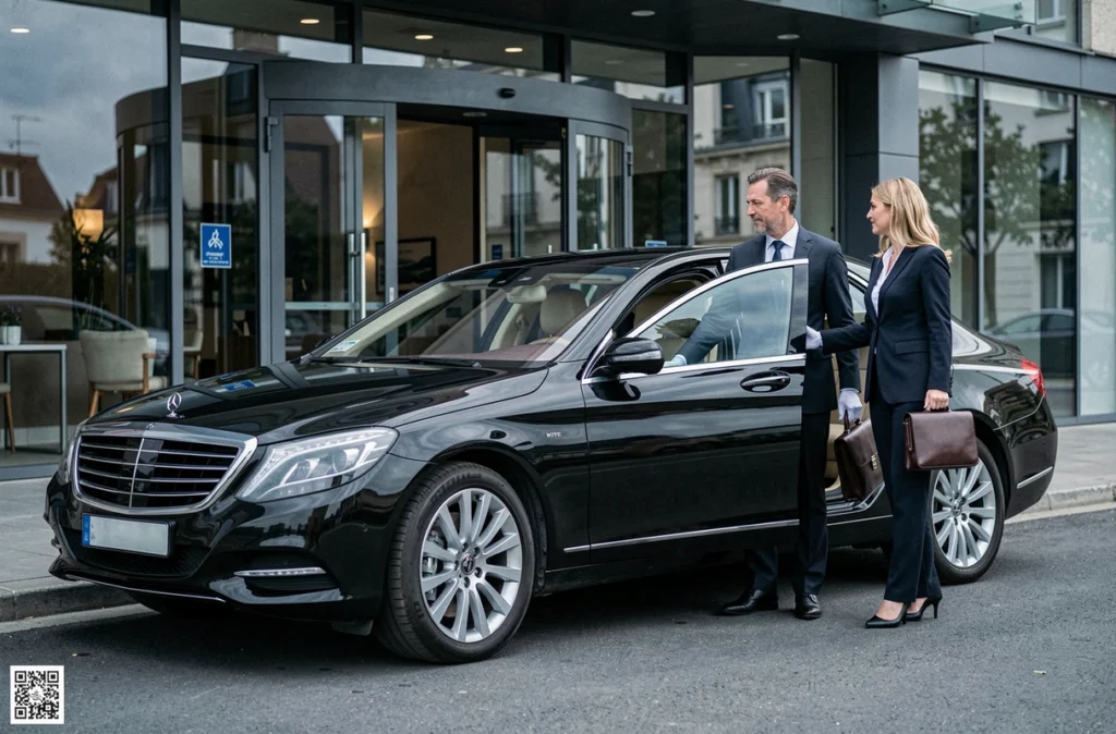 Chauffeur en costume sombre ouvrant la portière d'une berline noire de luxe devant un hôtel moderne pour une cadre en tenue professionnelle, service VTC prestige premium