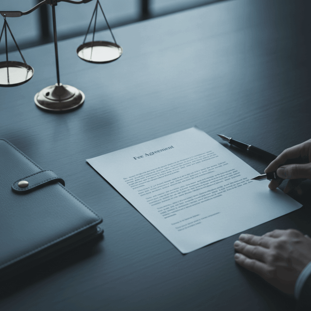 Gros plan sur une convention d'honoraires papier présentée par un avocat sur un bureau en bois