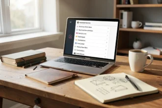 Bureau d'entrepreneur avec ordinateur et carnet de pistes de noms