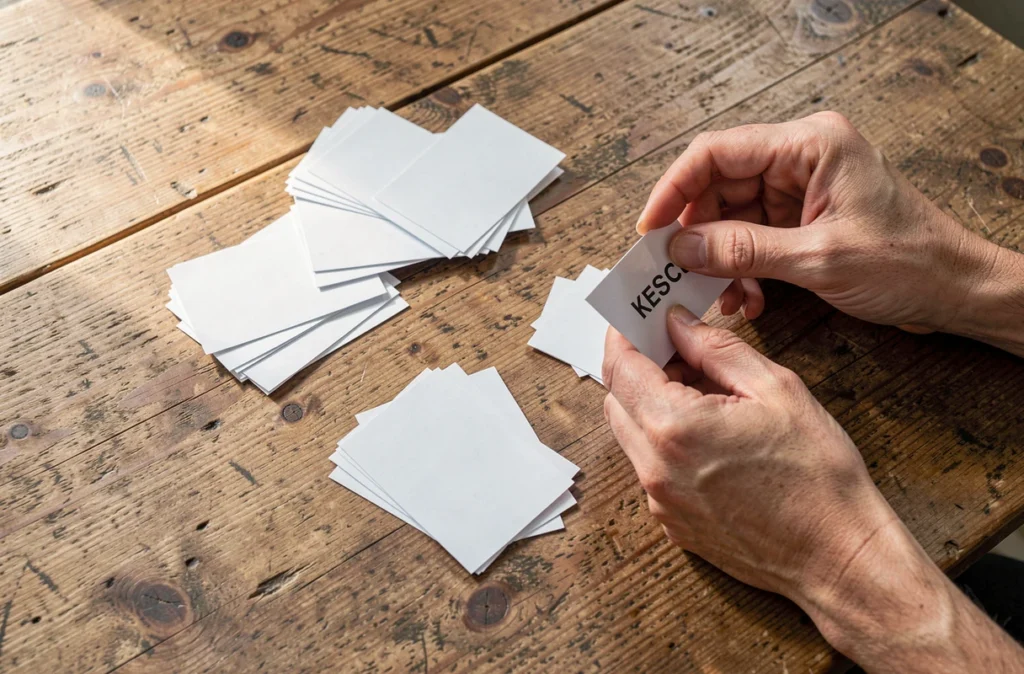 Cartes triées en deux piles pour choisir un nom d'entreprise
