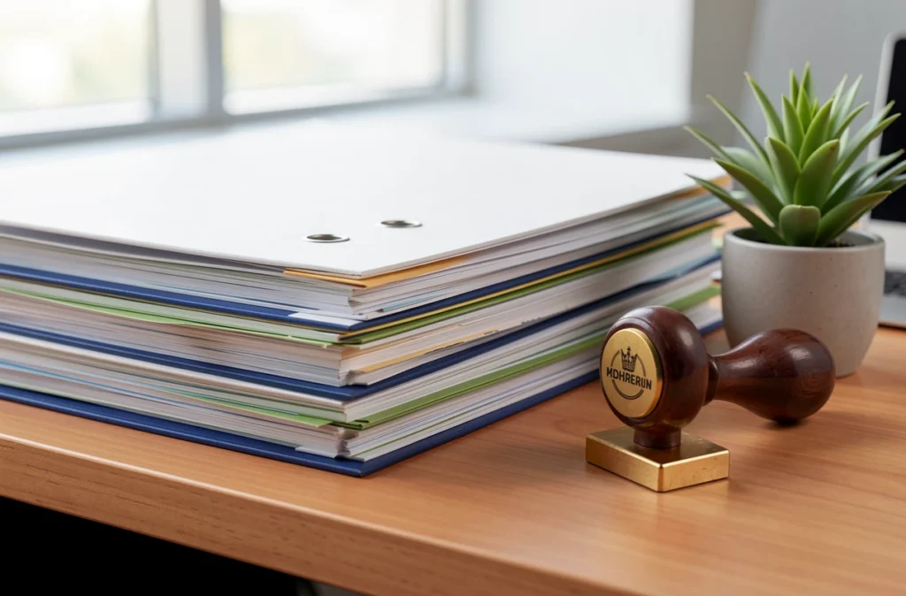 Dossiers administratifs et tampon sur un bureau de création d'entreprise